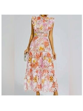 Tiered Lace Maxi Dress in Pink and Orange